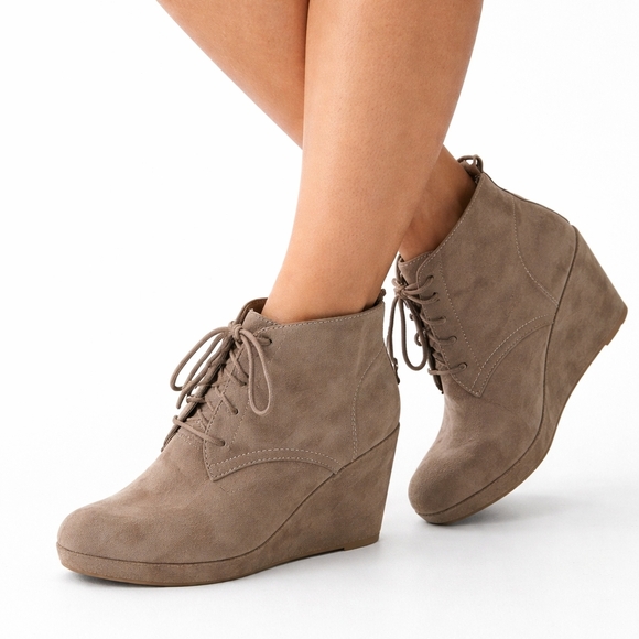 Taupe Lace-Up Wedge Ankle Booties | Soft Suede | Size 8 - Picture 1 of 13